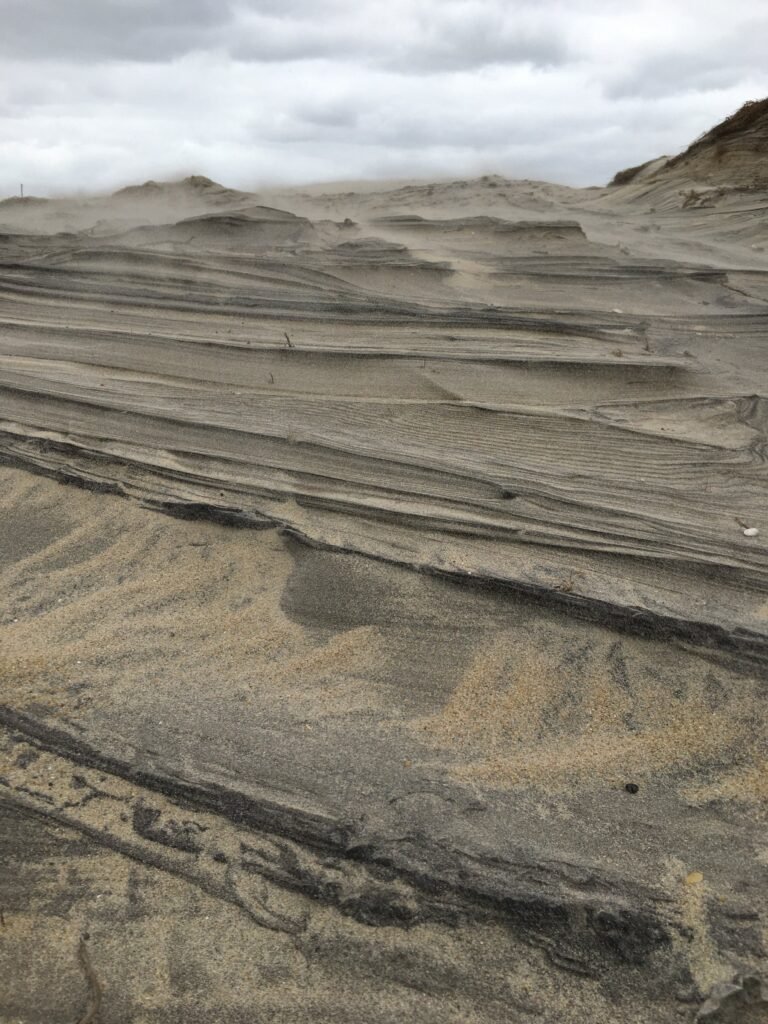 Close view of wind-carved ridges and layers in dry beach sand.
