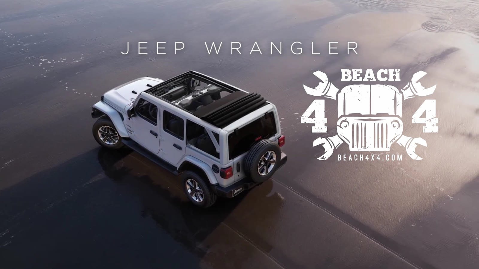 Beach4x4 Jeep Wrangler rental ad graphic, aerial view on the beach.