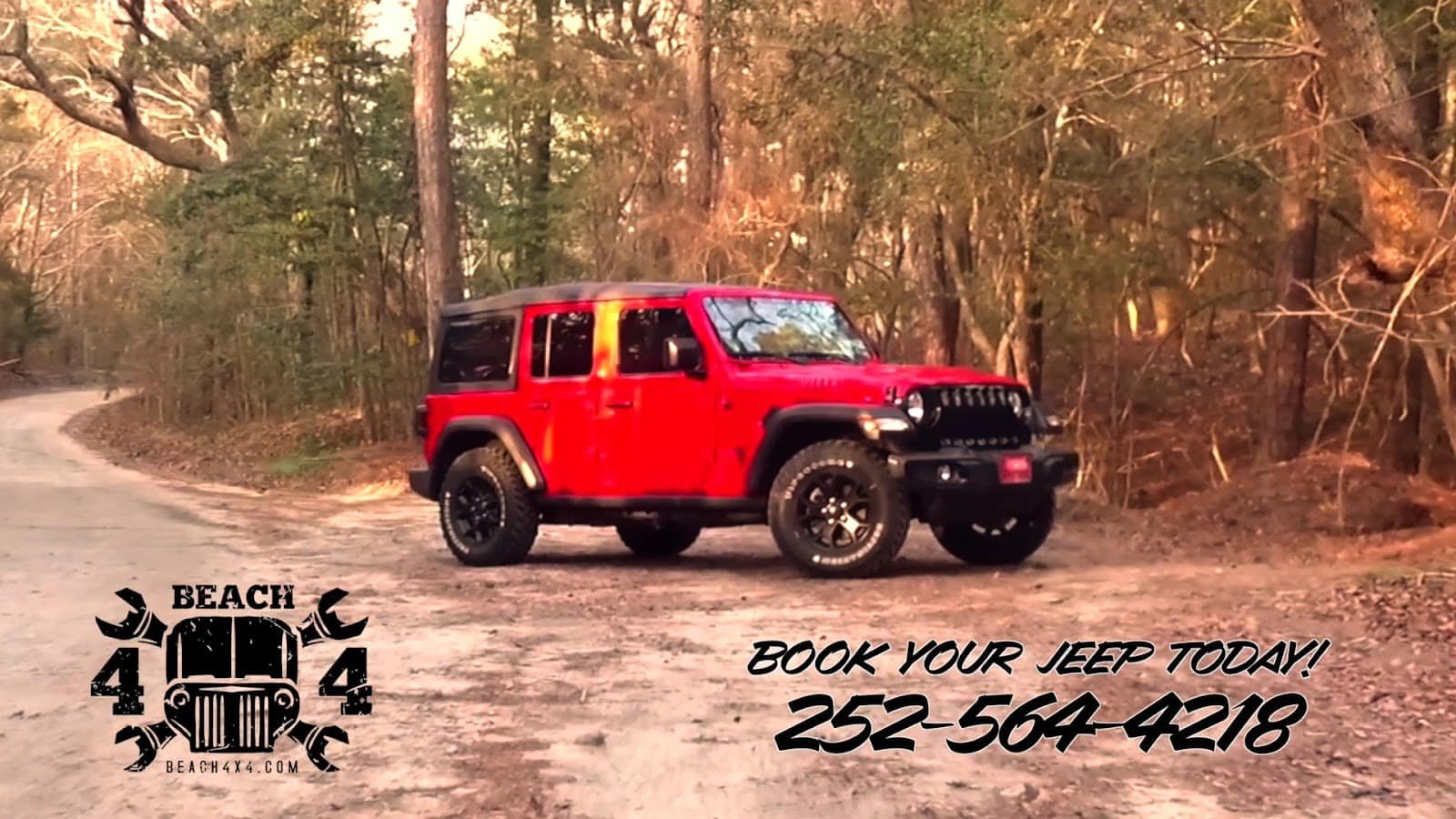 Beach4x4 red Jeep Wrangler rental - book your Jeep today, 252-564-4218.