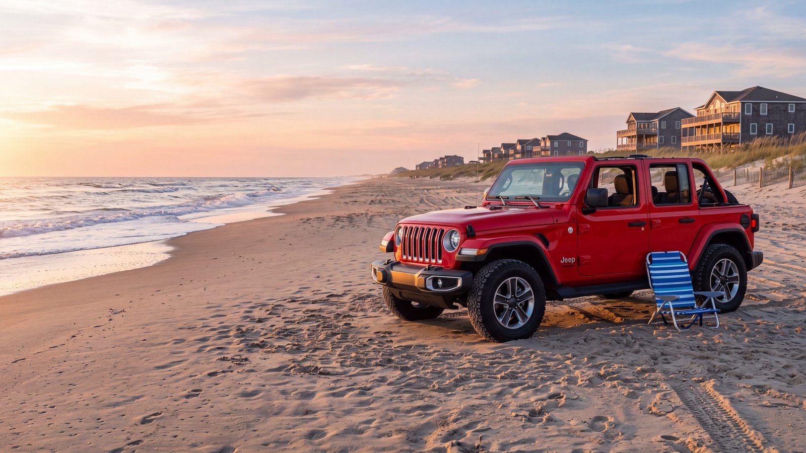 A red Jeep Wrangler parked on the beach at sunset with a folding chair beside it and beach houses along the dune — Carova, Outer Banks NC