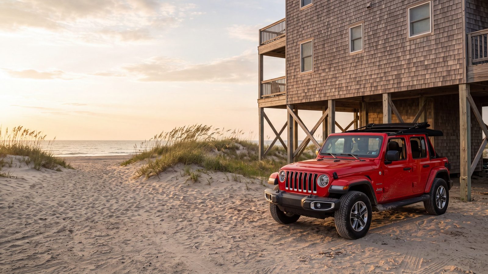 A red Jeep Wrangler parked in the sand under a cedar-shingled beach house on pilings — Carova, Outer Banks NC
