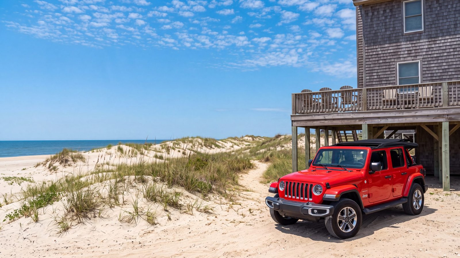 A red Jeep Wrangler parked on a sandy drive beside a beach house on pilings — Carova, Outer Banks NC