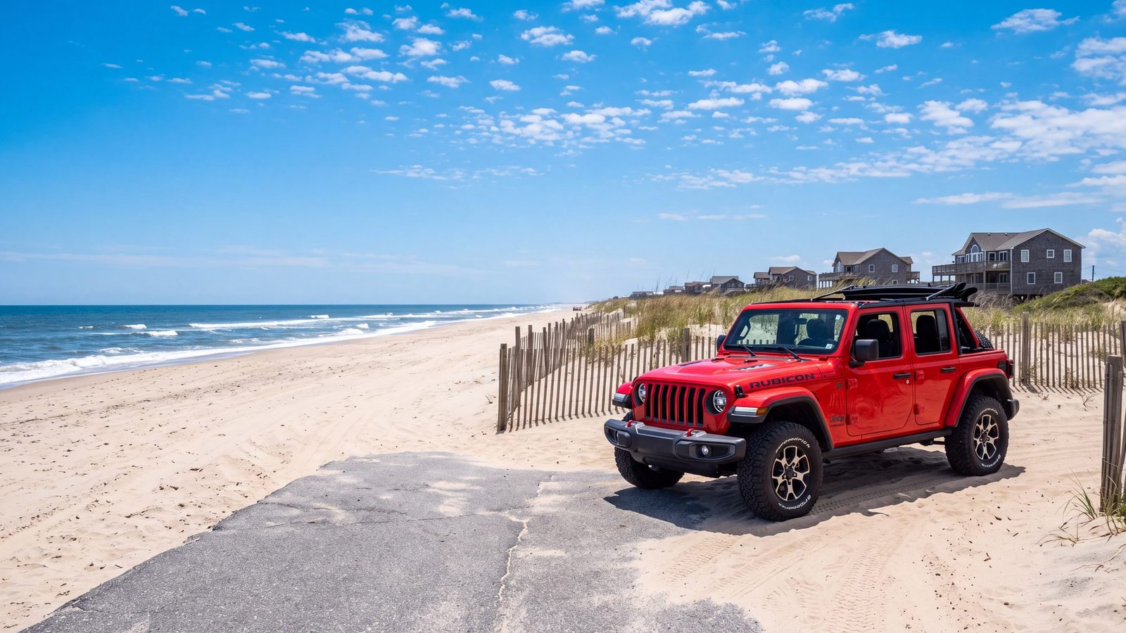 A red Jeep Wrangler parked where the paved road ends and the sand beach route begins — Corolla, Outer Banks NC