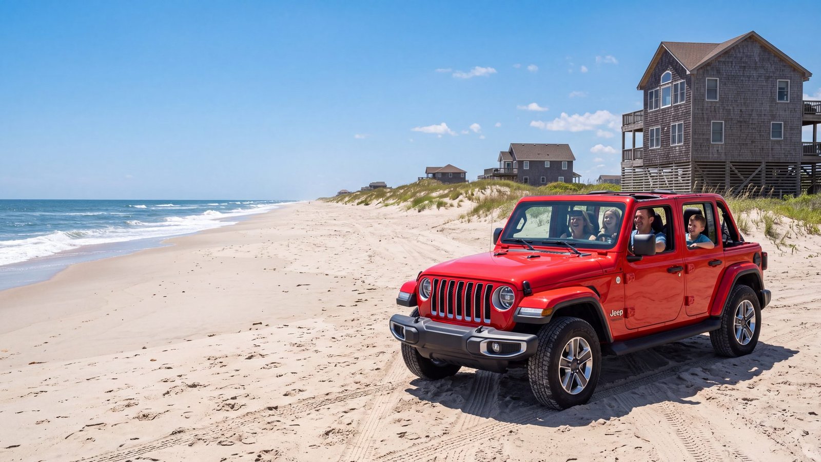 A red Jeep Wrangler driving up the beach with a family inside, beach houses on the dune ahead — Carova, Outer Banks NC