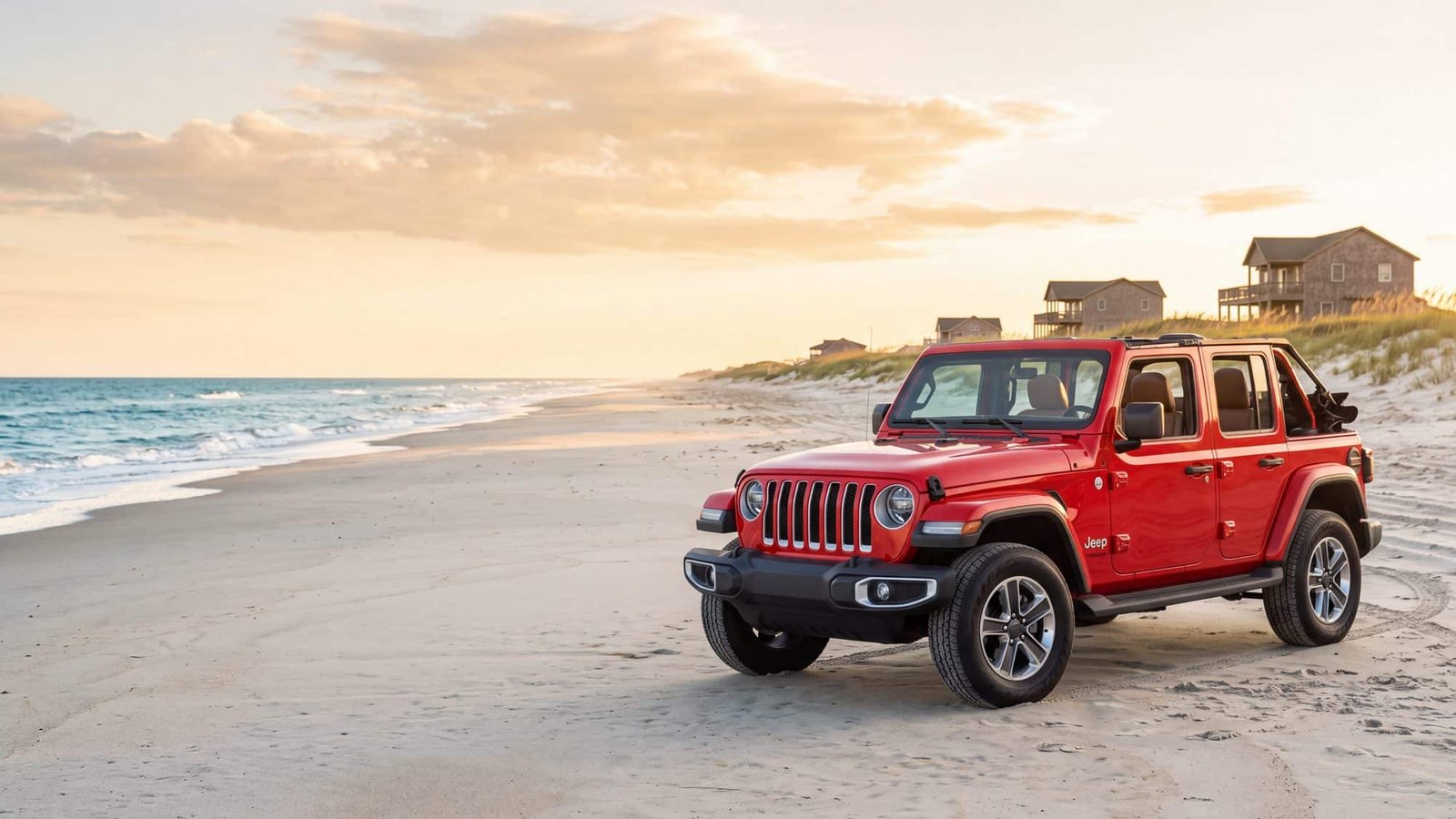 A red Jeep Wrangler parked on the open beach below scattered oceanfront houses at sunrise — North Swan Beach, Outer Banks NC