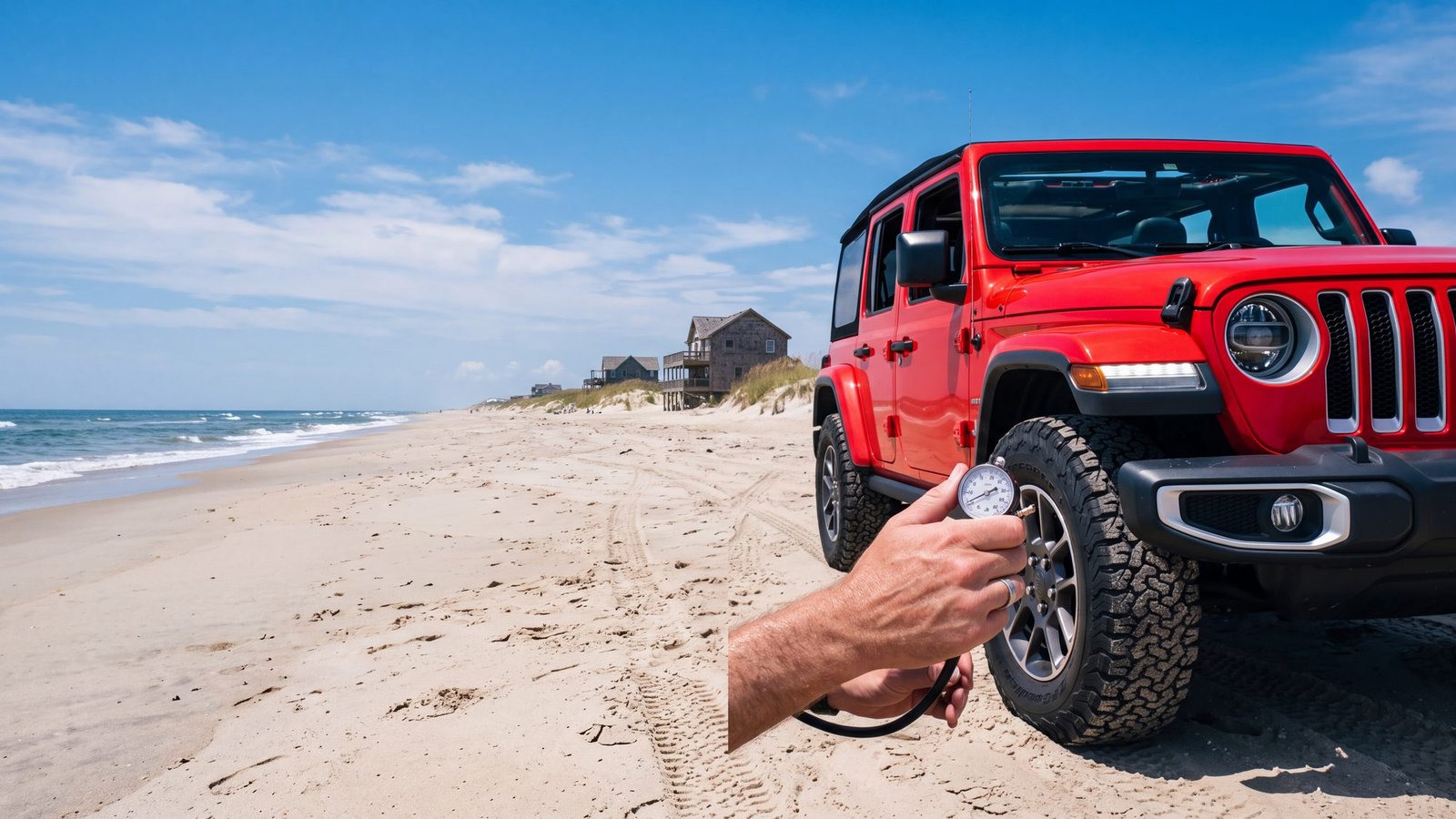 A hand holding a tire pressure gauge at the front wheel of a red Jeep Wrangler on the beach — Carova, Outer Banks NC