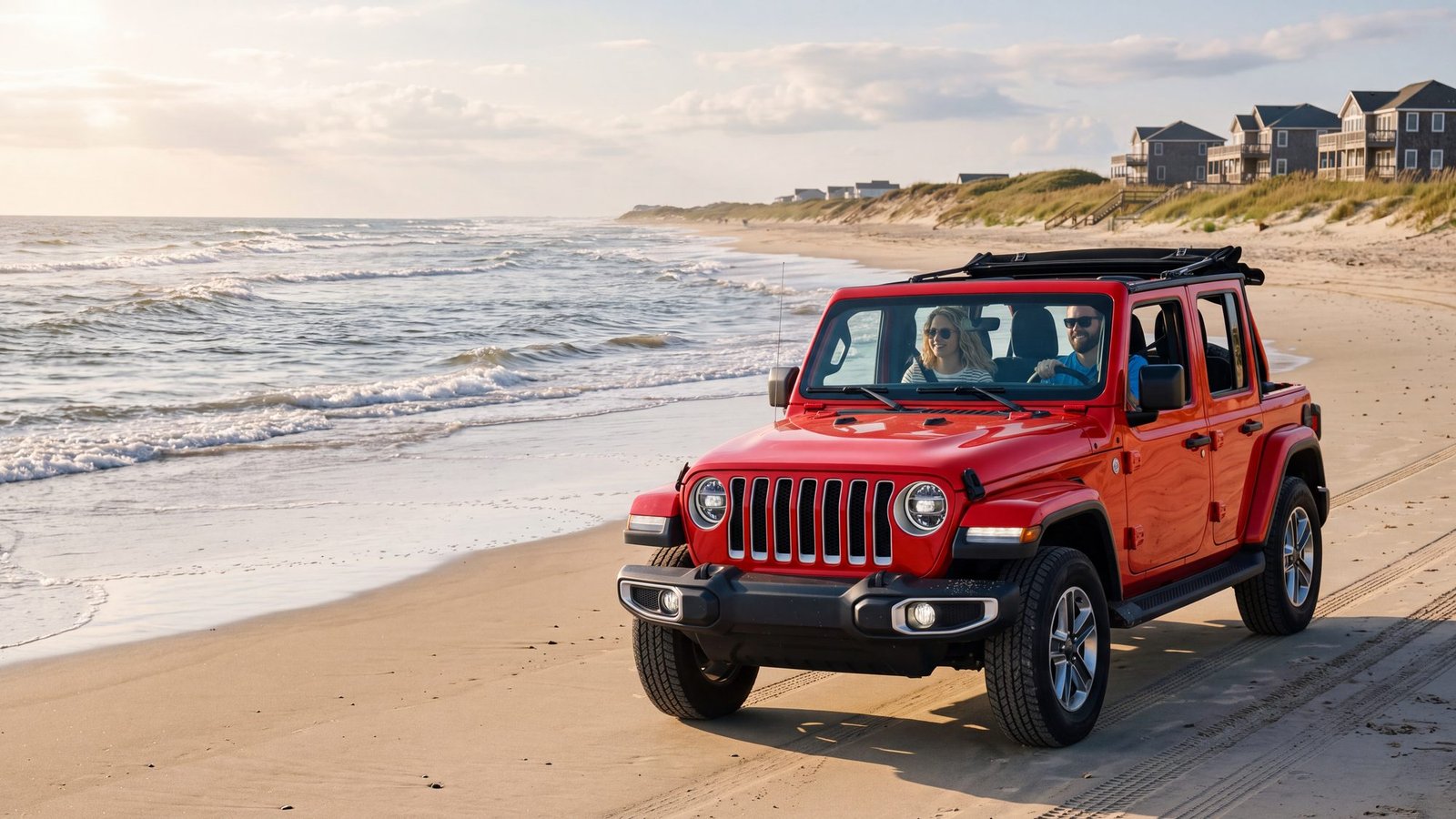 A couple driving a red Jeep Wrangler with the top folded back along the water's edge — Carova, Outer Banks NC
