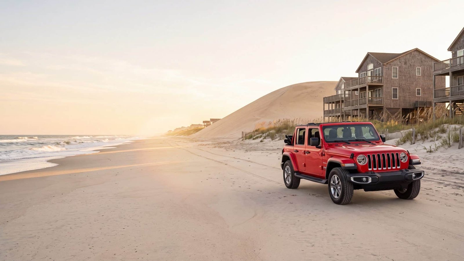 A red Jeep Wrangler on the beach below the tall bare sand dune known as Penny's Hill — Carova, Outer Banks NC