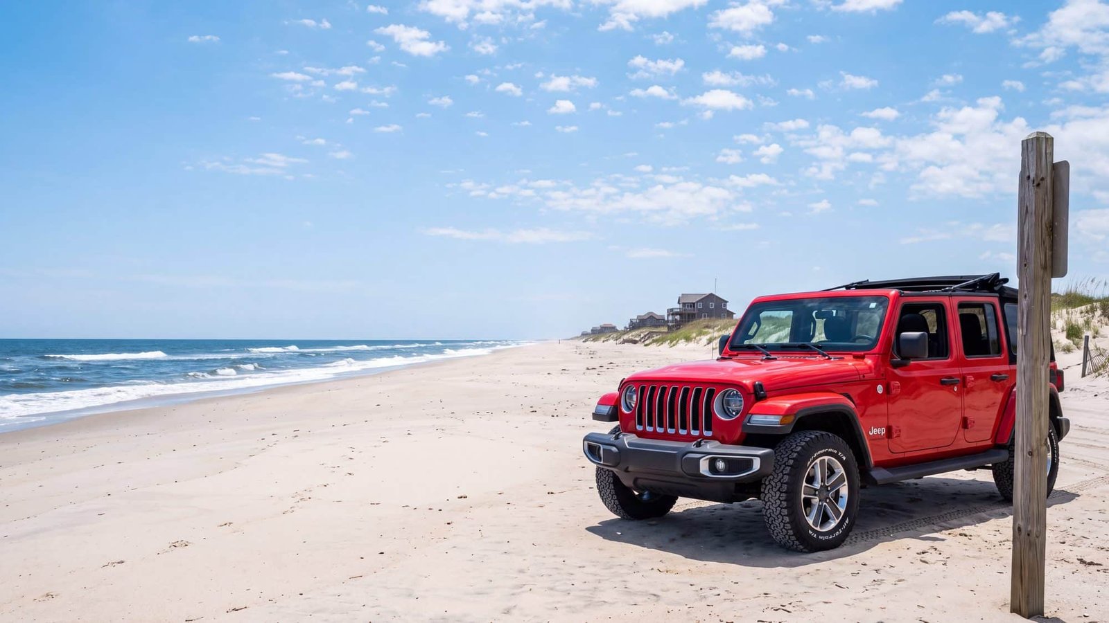 A red Jeep Wrangler parked on the beach beside a weathered wooden post marking the access route — Corolla, Outer Banks NC