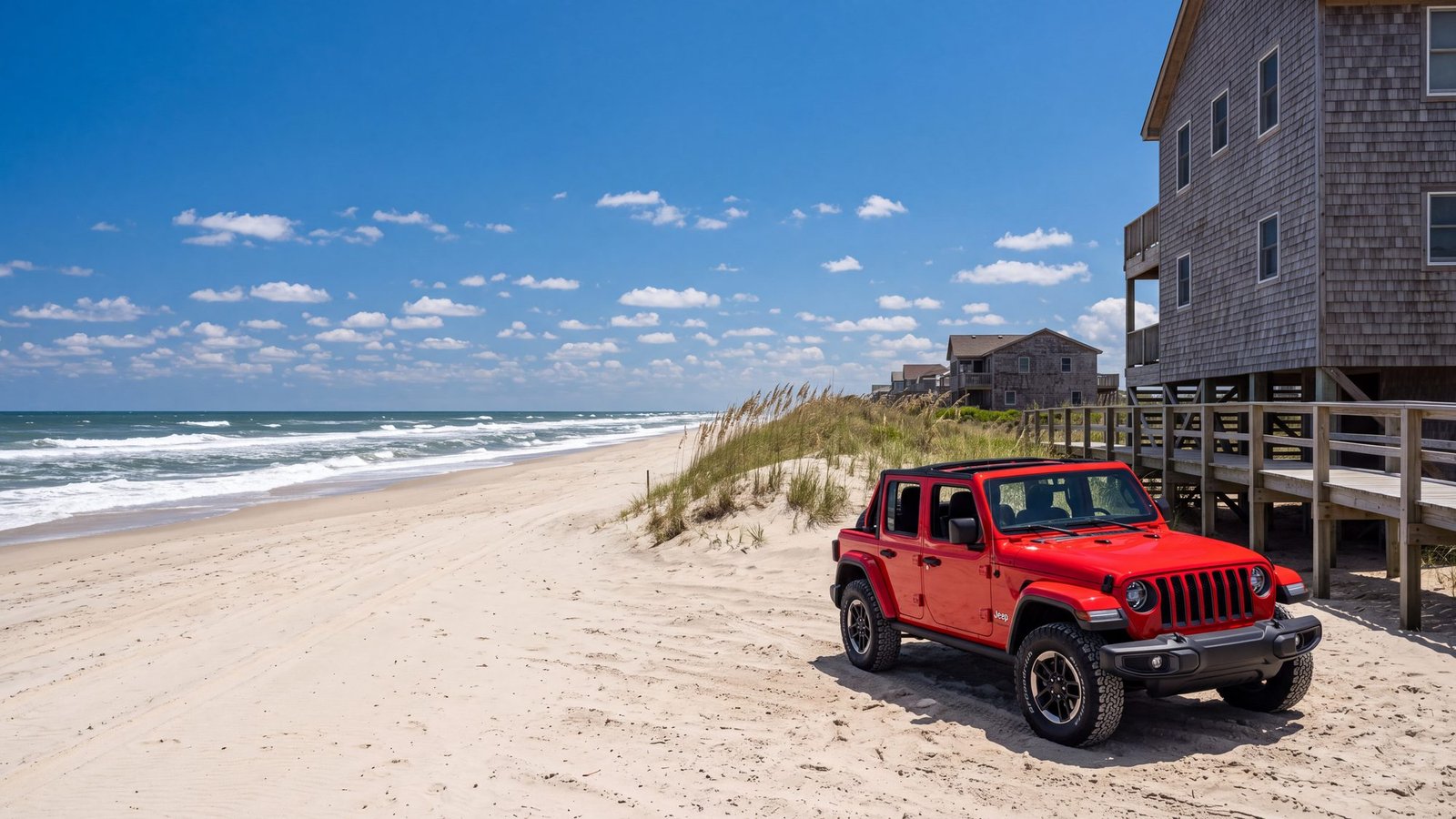 A red Jeep Wrangler parked on the sand beside a beach house on pilings on a bright summer day — Carova, Outer Banks NC