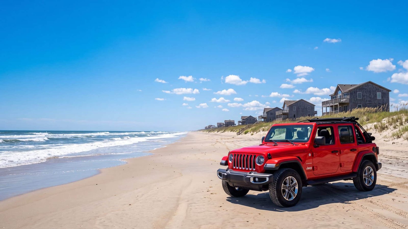 A red Jeep Wrangler on the open beach with oceanfront houses along the dune behind — Swan Beach, Outer Banks NC