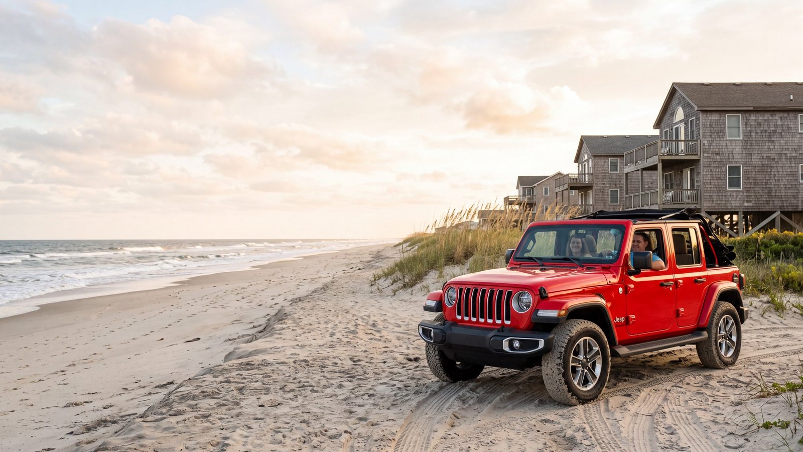 A couple driving a red Jeep Wrangler up the beach past oceanfront houses at golden hour — Carova, Outer Banks NC