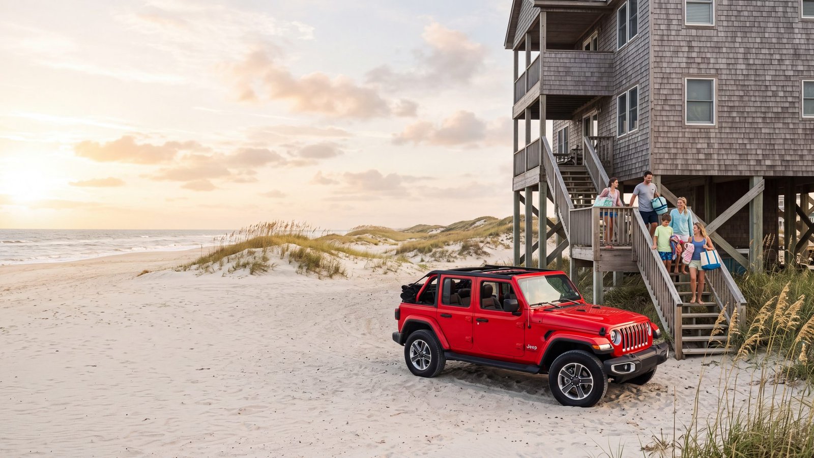 A family carrying beach bags down the stairs of a beach house to a red Jeep Wrangler parked in the sand — Carova, Outer Banks NC