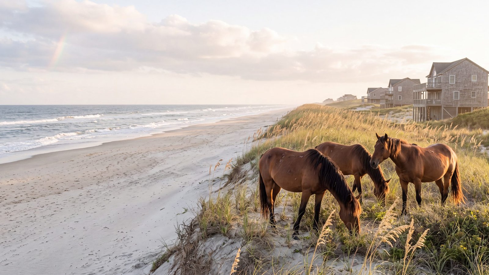 Two wild Banker horses grazing on the dune above an empty beach at sunrise — Carova, Outer Banks NC